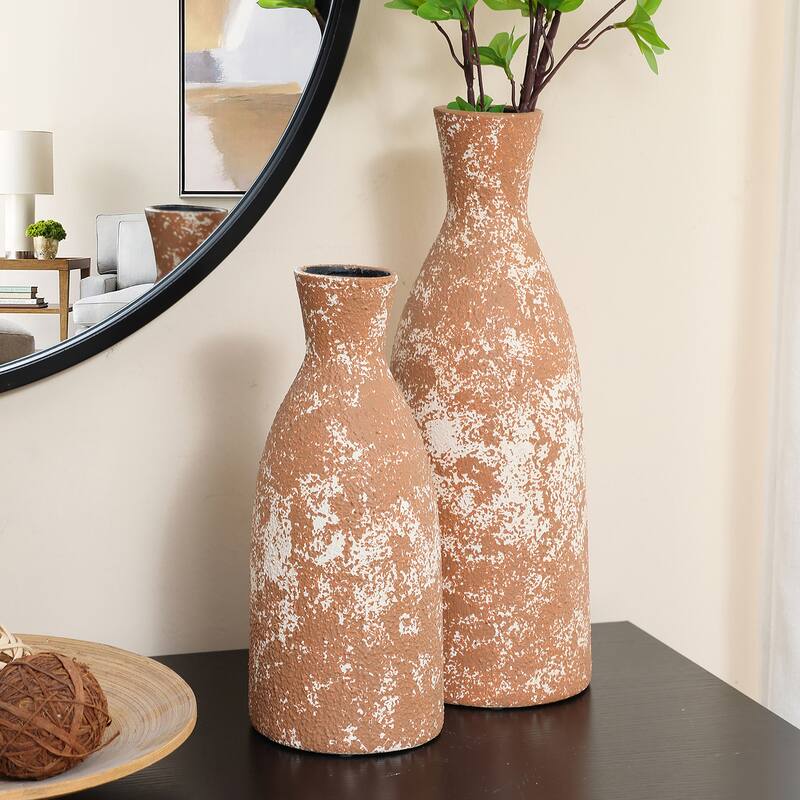 2-Piece Rustic Brown Round Stoneware Vase Set
