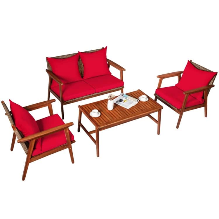 4 Piece Acacia Wood Patio Rattan Furniture Set with Cushions - 45" x 27.5"x 29.5" (L x W x H)