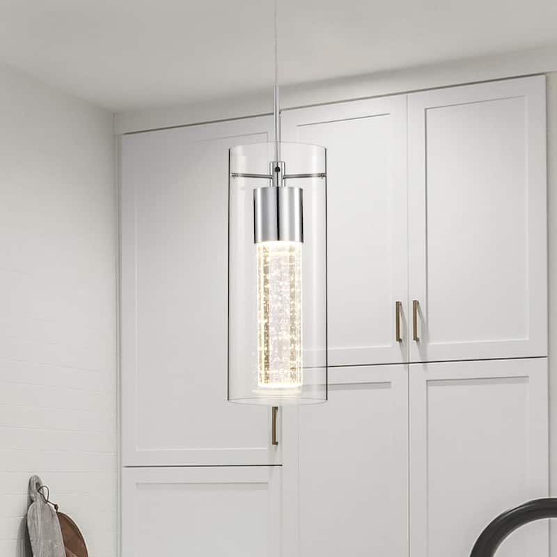 7-Watt 1-Light Chrome Clear Glass Shade Inner Seedy Glass Cylinder LED Pendant Light - Chrome
