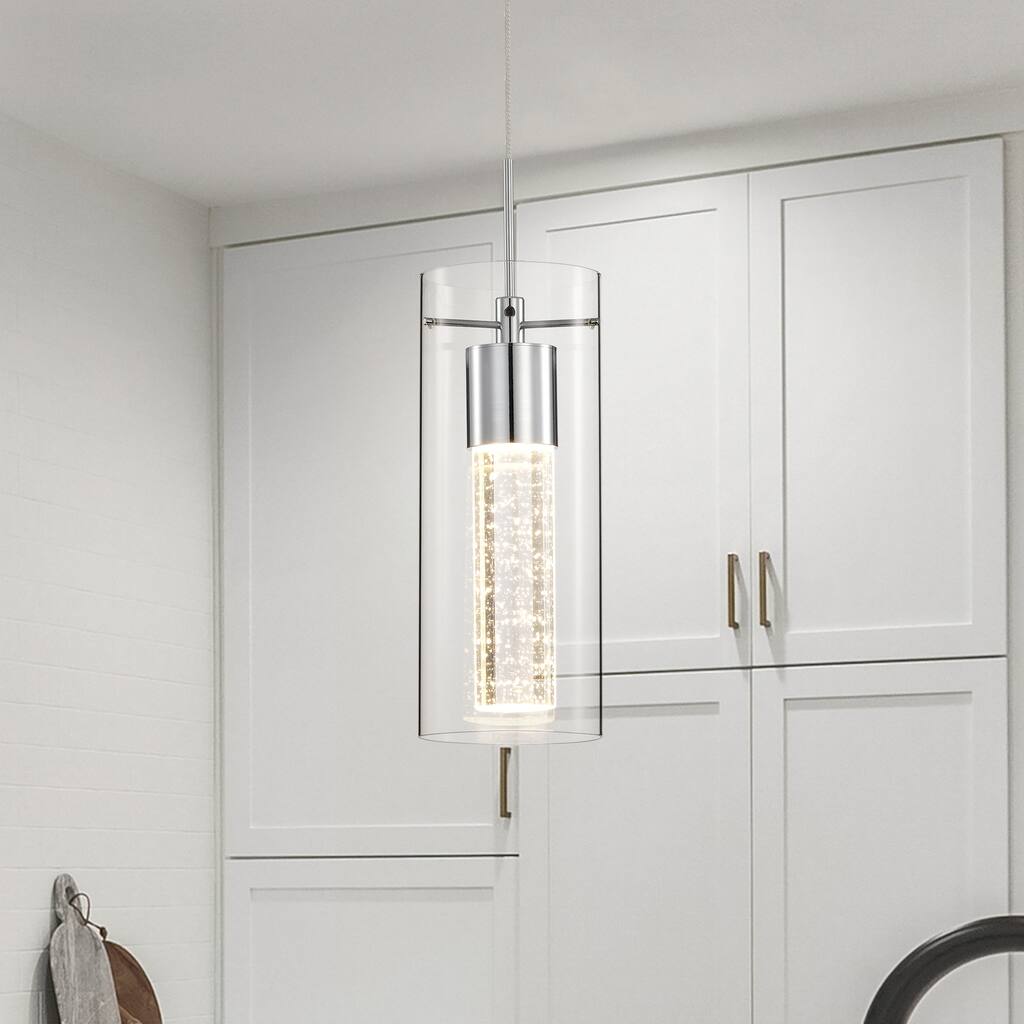 7-Watt 1-Light Chrome Clear Glass Shade Inner Seedy Glass Cylinder LED Pendant Light