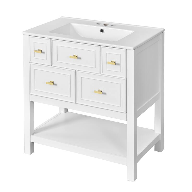 Bathroom Vanity with Ceramic Sink, Bathroom Storage Cabinet with 5 Drawers, Bathroom Vanity Set with Open Shelf