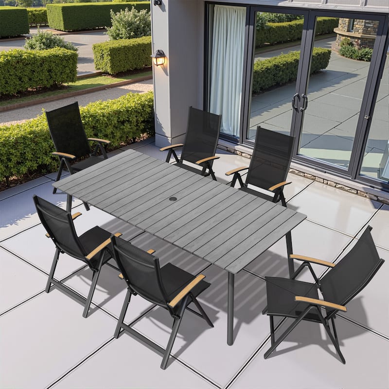 7/9-Piece Outdoor Rectangle Aluminum Dining Table with Umbrella Hole include Folding Chairs - 82.7in-GreyTable-7PC