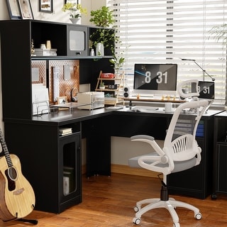 L Shaped Desk with File Cabinet and Hutch, Home Office Corner Computer Desk with Drawers and Charge Station
