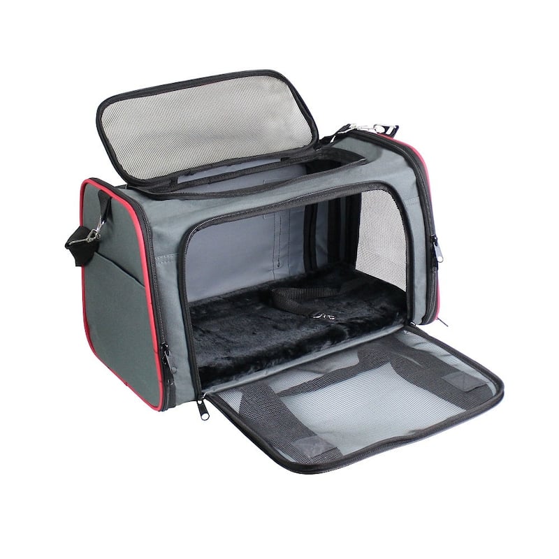 Soft-Sided Airline-Approved Travel Dog & Cat Carrier Bag - Gray/Red - 17"