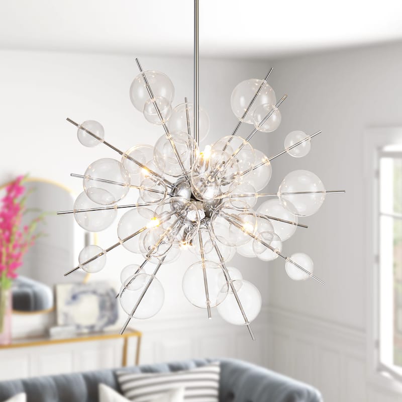 6-Light Glam Modern Sputnik Cluster Clear Glass Globe Bubble Chandelier Starburst Pendant Island Light - Chrome