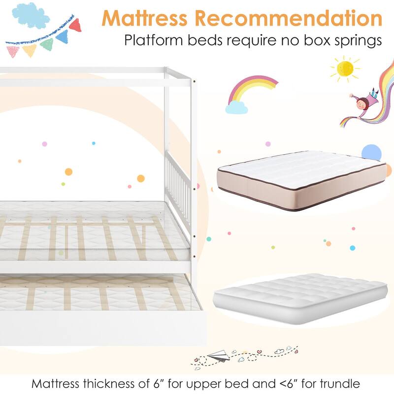Gymax Full Size Canopy Bed with Trundle Wooden Platform Bed Frame