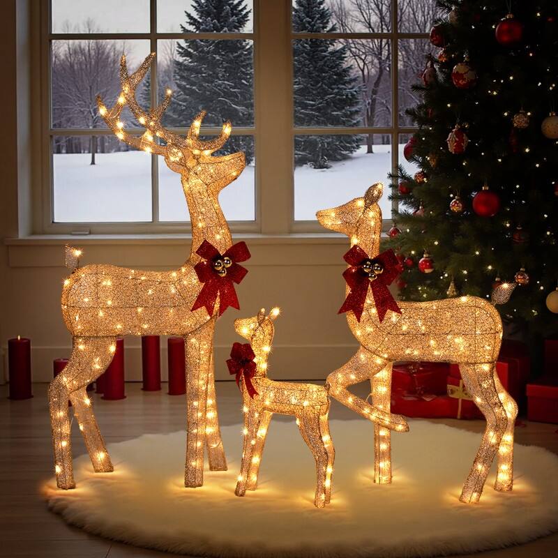 3-Piece Lighted Christmas Reindeer Family Set Outdoor Decorations Weather Proof Sparkling Deer Family