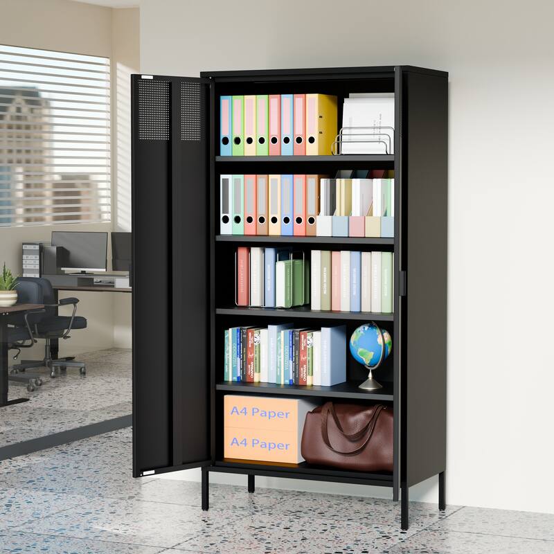 Sideboard Cabinet with Non-Slip Adjustable Feet, Metal Pantry Cabinet with Magnetic Doors & Adjustable Shelves