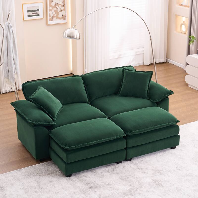 2-seater sofa with 2 cushions, 2 pillows and 2 ottomans, comfortable sofa - Living room deep sofa, modular sofa - Green