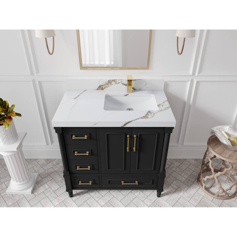 Willow Collections 36 in. W x 22 in. D Aberdeen Right Offset Sink Bathroom Vanity with Countertop - 2" Calacatta Gold - Black