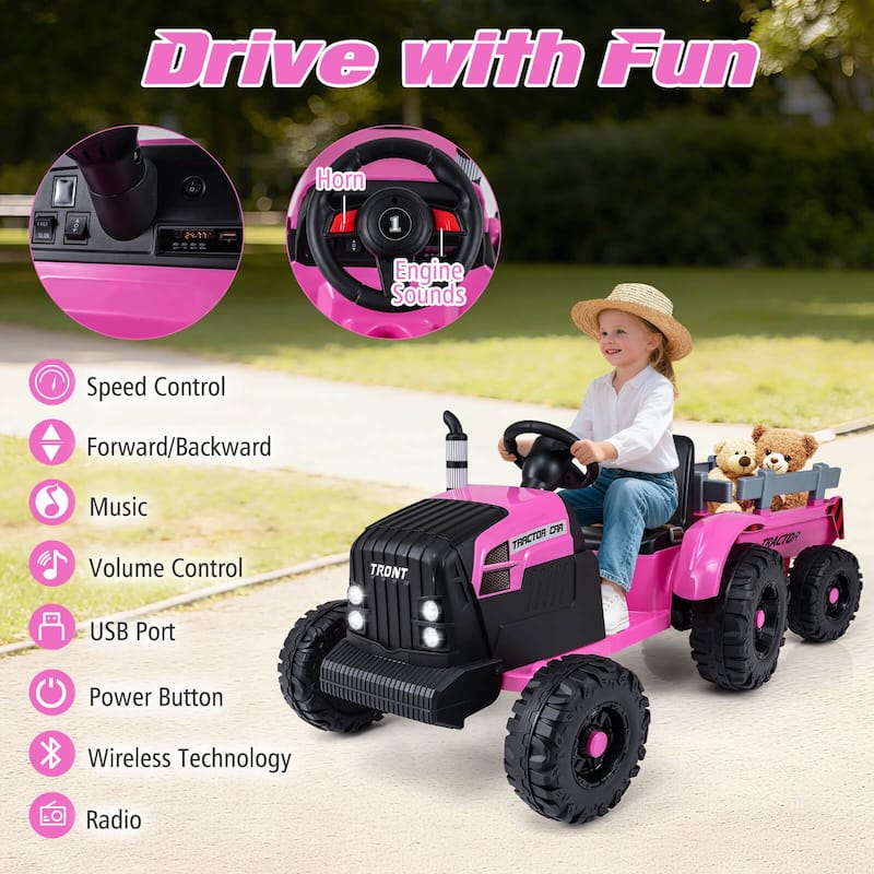 Costway 24V Ride On Tractor for Kids with Detachable Trailer Remote - See Details