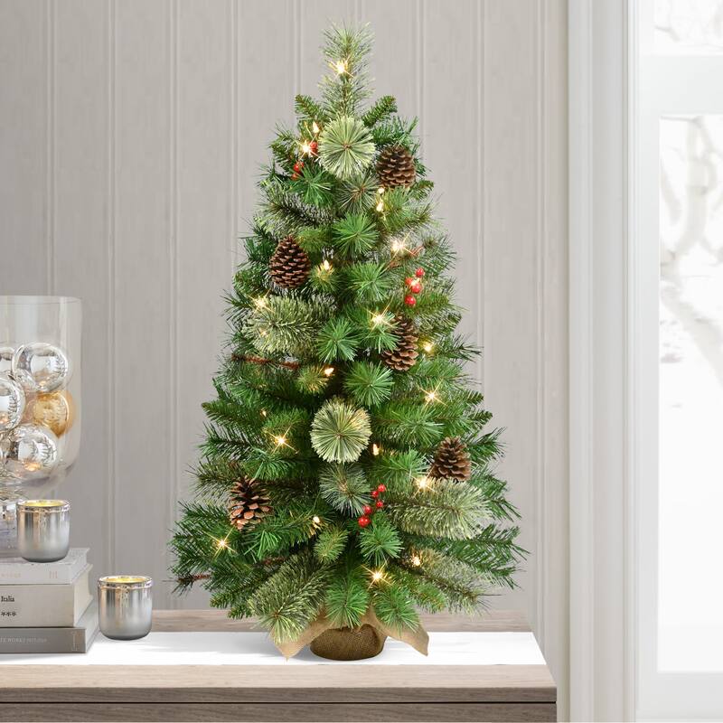 Puleo International 3 ft. Pre-Lit Decorated Artificial Christmas Tree in Burlap Sac