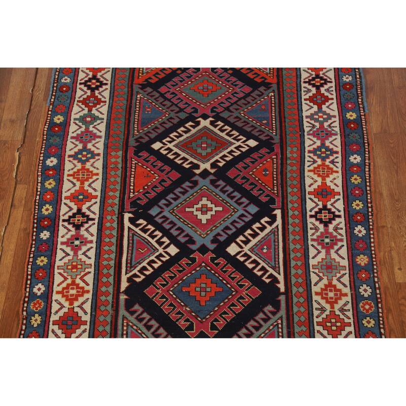 Hand Knotted Oriental 100% Wool Carpet Traditional Geometric Multi-Colored Kazak Runner Rug - 7' 6'' X 3' 4''