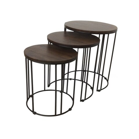 Mitchell Round Iron and Wood Outdoor Nesting Tables, Set of 3