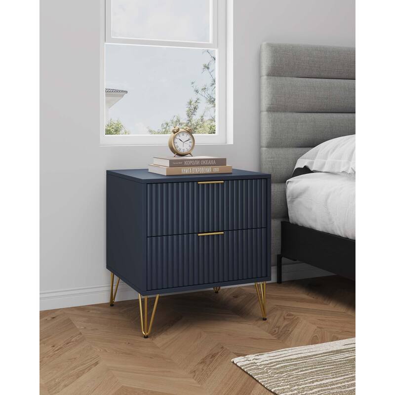 Manhattan Comfort Dumbo Mid Century Nightstand with 2 Drawer and Metal Feet. - Midnight Blue