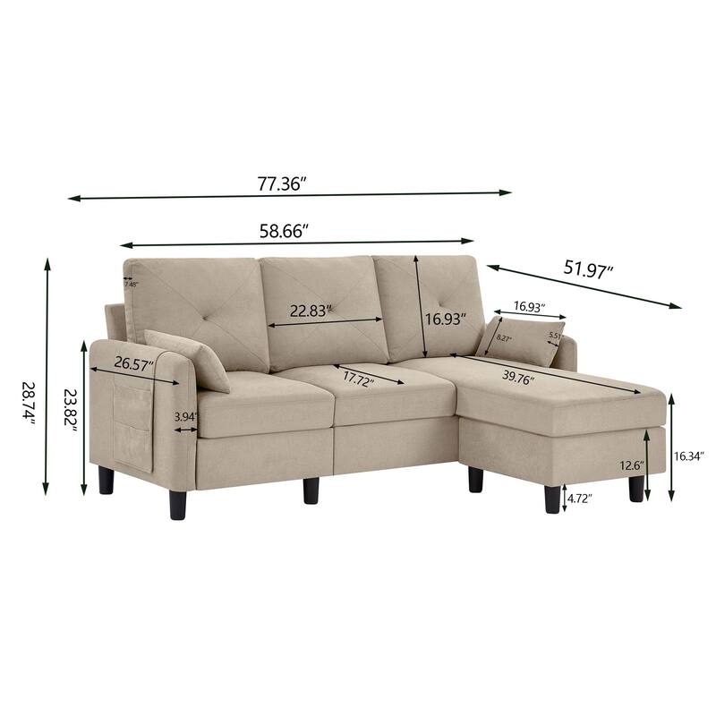77.36" L Shaped Sectional Sofa with Side Storage Pocket and Reversible Ottoman