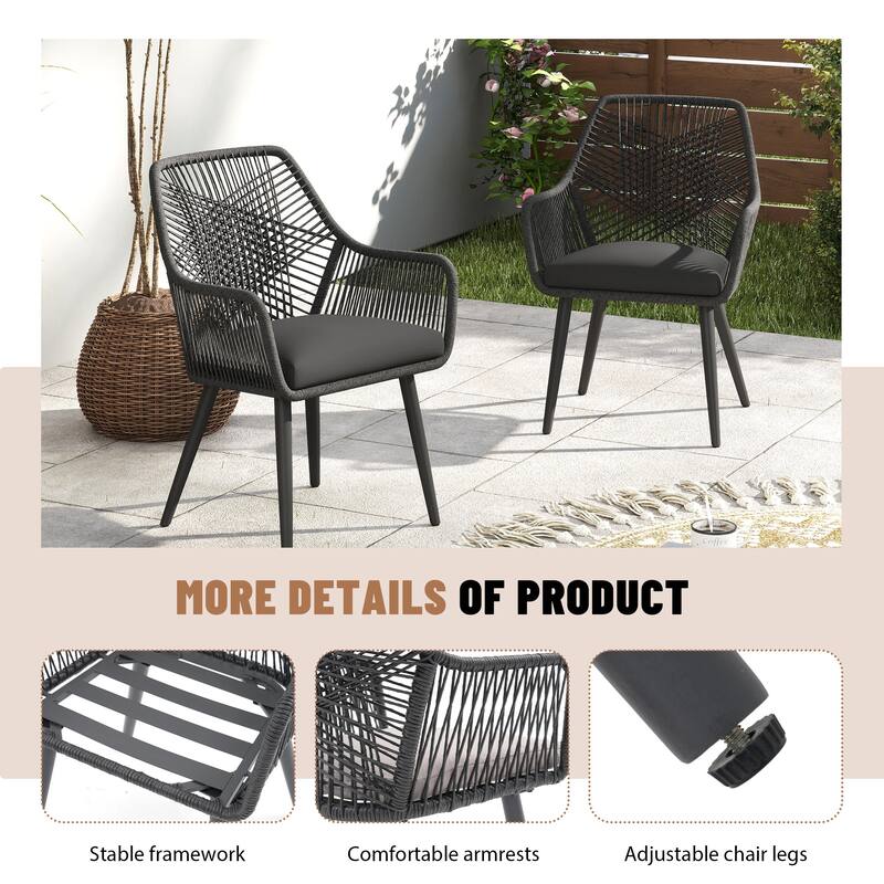Outdoor Patio Woven Rope Dining Chairs With Armrest and Seat Cushions