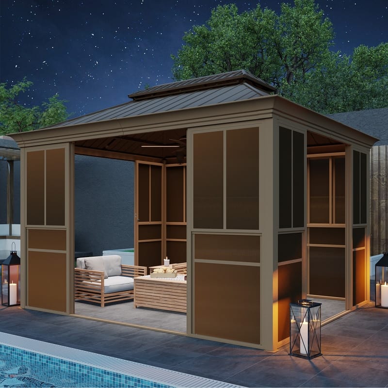 Hardtop Sunroom with Double Steel Roof, Sliding/Lockable Doors & Screens - All-Season Rustproof Aluminum Frame,Advanced Drainage - 10'x12'