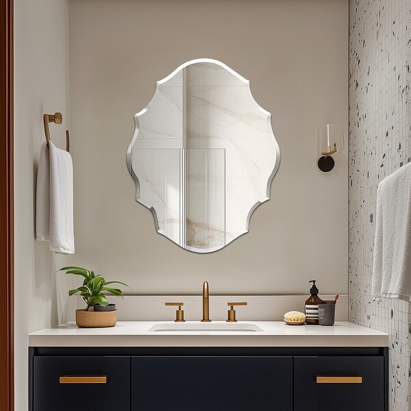 Beveled Frameless Wall Mirror Elegant Scalloped Bathroom