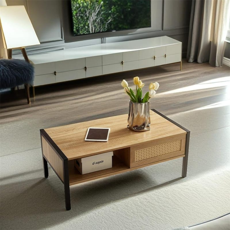 Rattan Coffee Table,Sliding Door For Storage,Metal Legs,Modern Table - Natural