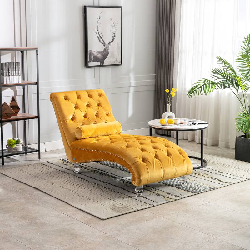 Mustard Modern 63.98" Upholstered Buttons Tufted Chaise Lounge Chair with Pillow and Acrylic Legs - Mustard