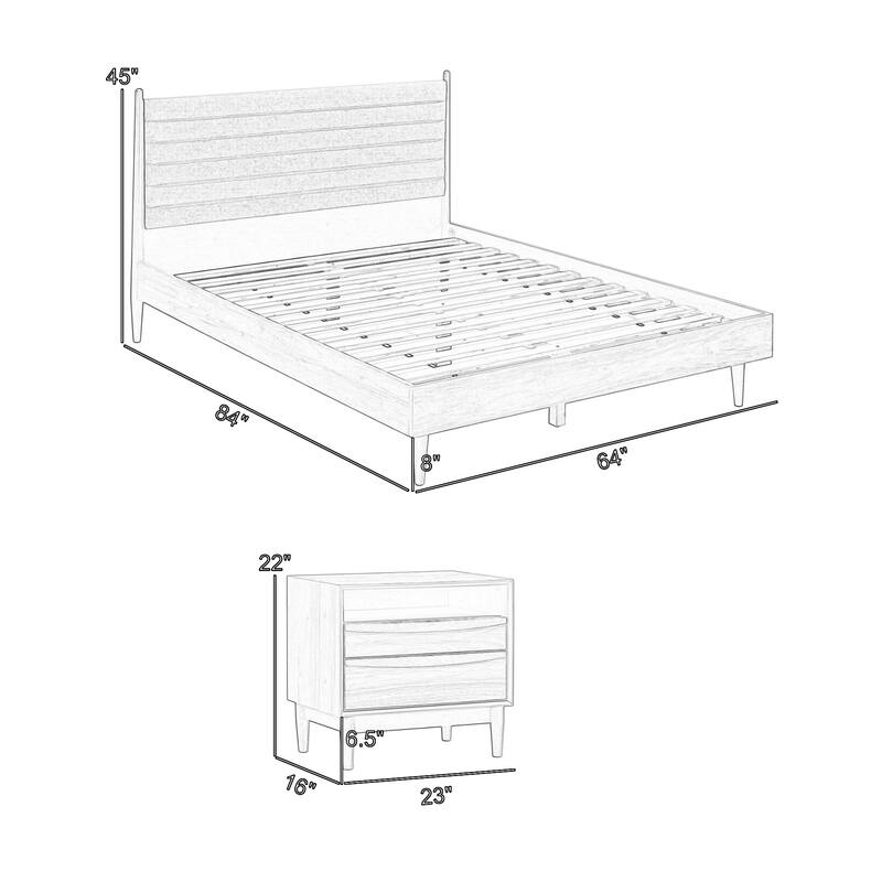 Mian Bedroom 3 pcs Set, Queen Platform Bed and Nightstand, Walnut Brown