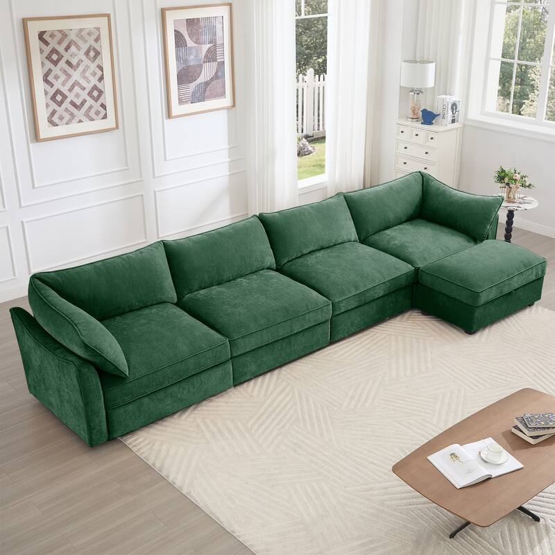 L-Shaped 4 Seater Sectional Sofa Couch,4-seat Sofa with 1 Movable Ottoman, Crescent-shaped Armrests And Wraparound Back