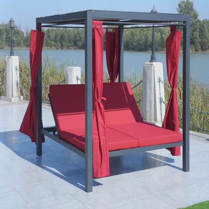 Outdoor Adjustable Daybed with Canopy Patio Steel Lounge Set - Red