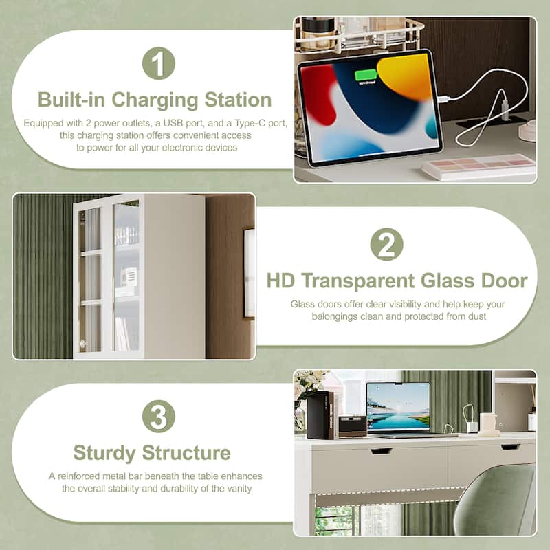 Roomfitters Versatile Vanity Desk with Mirror and Charging Station, Dressing Table with 8 Storage Compartments, White