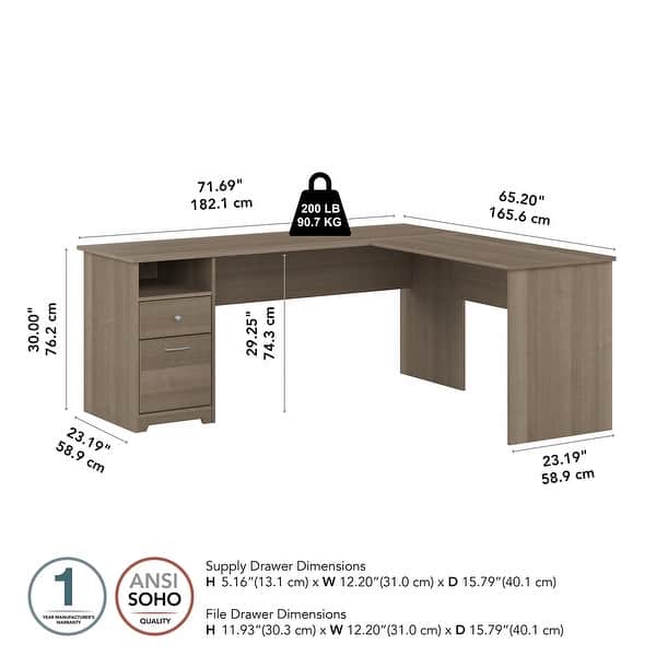 dimension image slide 5 of 6, 72W L-shaped Computer Desk with Drawers by Bush Furniture