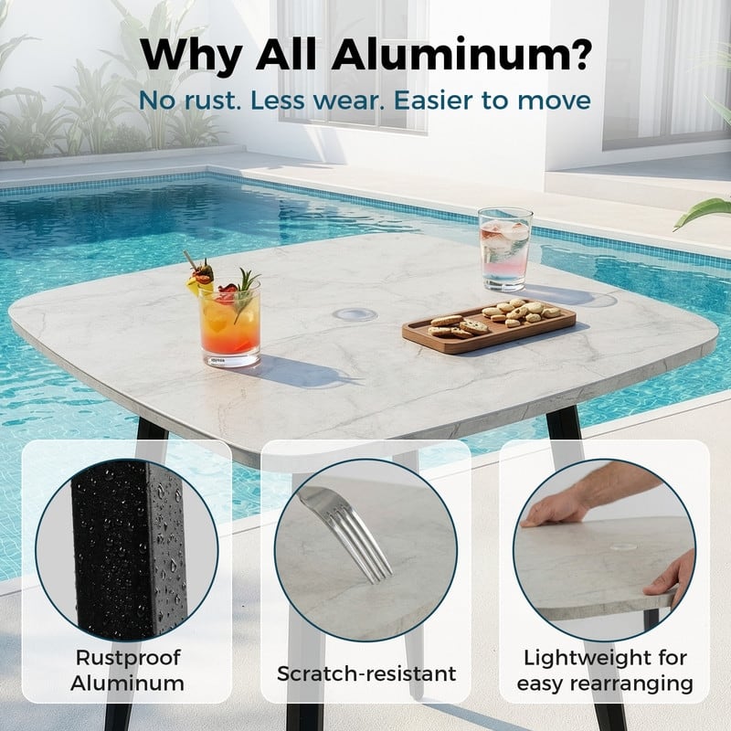 Outdoor Patio Bar Height Dining Set with Swivel Aluminum Bar Stool and Marble Patterned Dining table - N/A