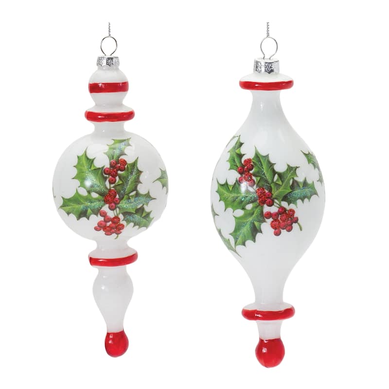 Holly Christmas Finial Drop Ornaments - 7.75" - White and Green - 6ct