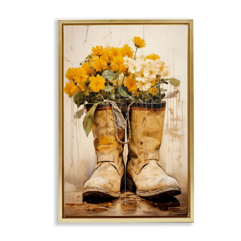 Stupell Flowers in Rugged Country Boots Framed Floater Canvas Wall Art Design By Heidi Kuntz - 21 x 31 - Gold