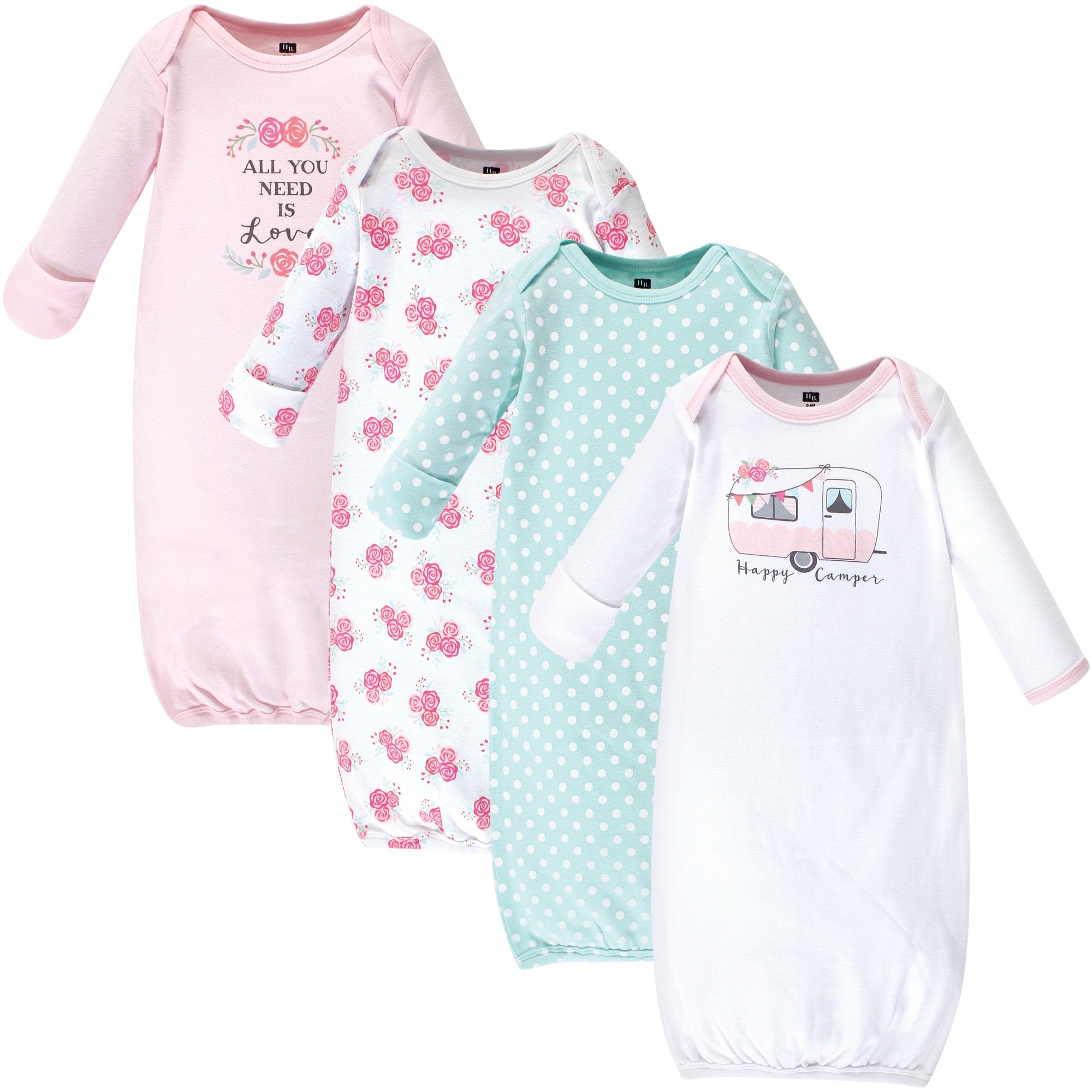 Hudson Baby Infant Girl Cotton Long-Sleeve Gowns 4pk, Pink Happy Camper