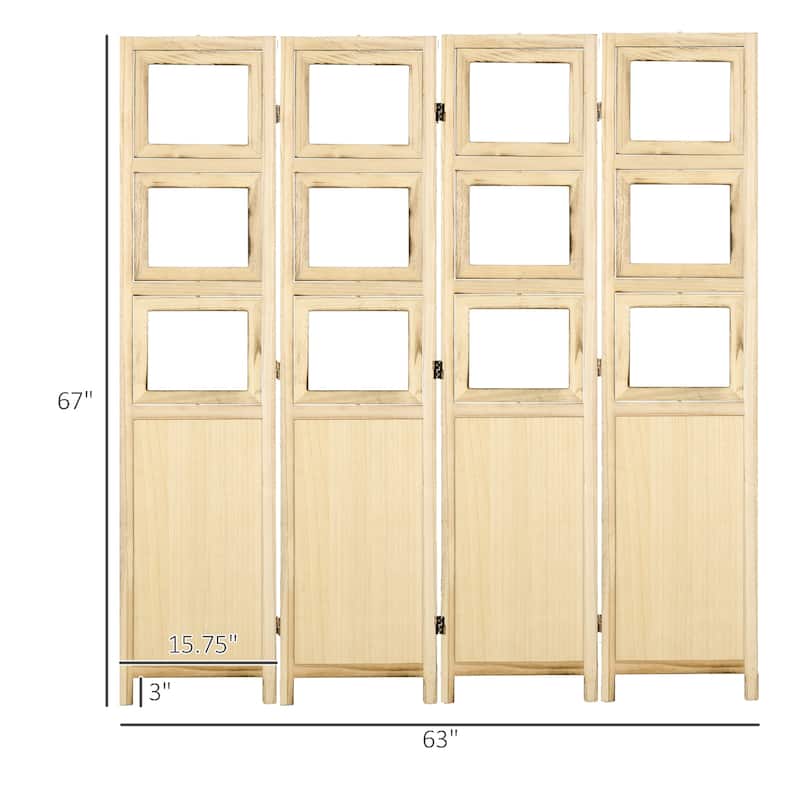 HOMCOM 4 Panel Room Divider, 5.6' Indoor Wood Portable Folding Privacy Screens with Photo Frames and Cardstocks