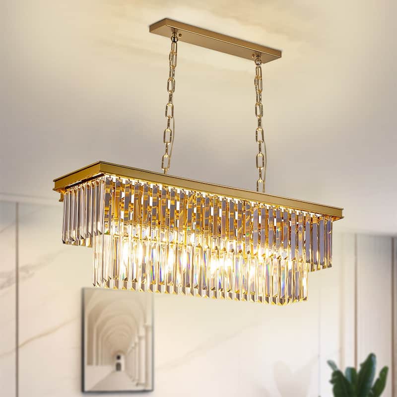 Gold Rectangle Crystal Chandelier, Luxury Pendant Light for Dining Room, Bulbs Included