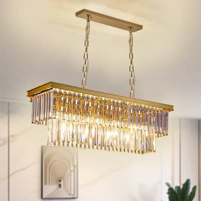 Gold Rectangle Crystal Chandelier, Luxury Pendant Light for Dining Room, Bulbs Included