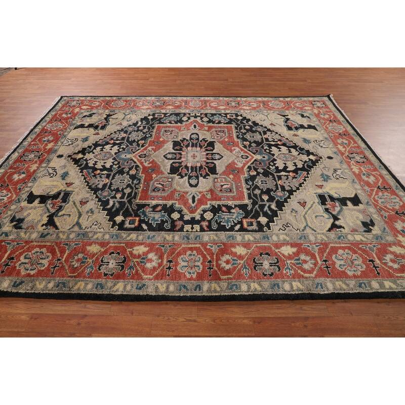 Black Geometric Heriz Serapi Indian Area Rug Hand-Knotted Wool Carpet - 7'11" x 9'9"