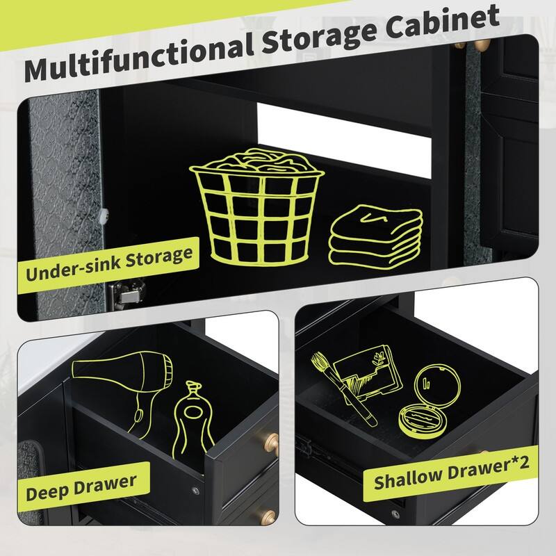 30''/36'' Bathroom Vanity with Sink, 3 Drawers Bathroom Storage Cabinet with Soft-Close Glass Door and Adjustable Shelf