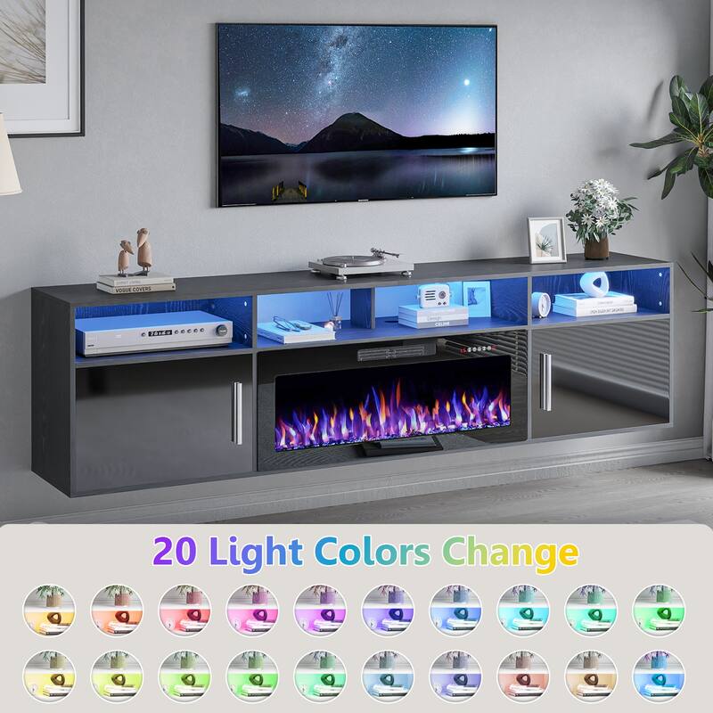 BOSSIN 80" Floating TV Stand with 36" Electric Fireplace, High Gloss Finish Wall Mounted Fireplace TV Stand with Storage