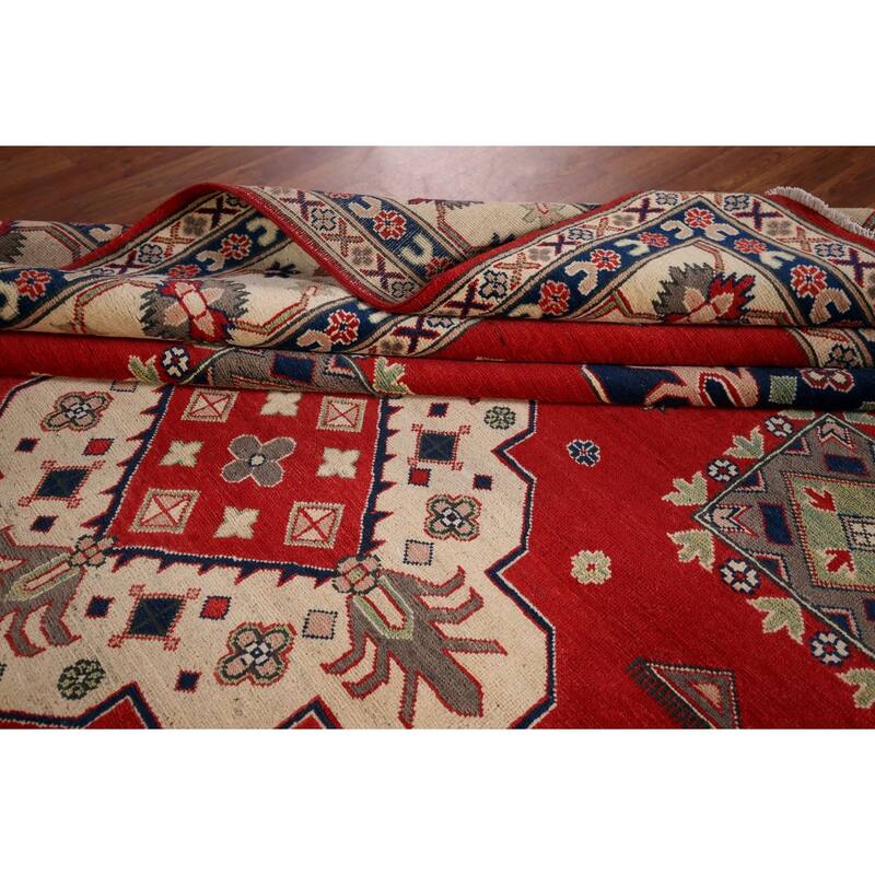 Red Kazak Area Rug Hand-Knotted Geometric Wool Carpet - 9'0" x 12'4"