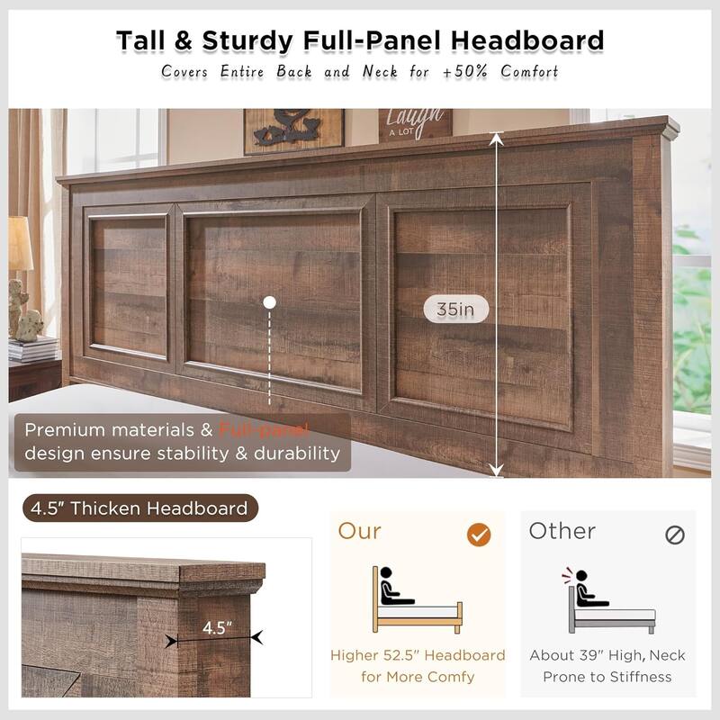 Farmhouse Queen Wood Bed Frame with 52" Tall Headboard & Footboard