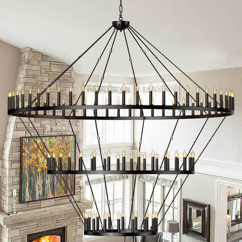 Extra Large Wagon Wheel Chandelier Adjustable Farmhouse Pendant Light for High Ceilings, Rustic Dining Room & Entryway - 3 Tier 96-Lights