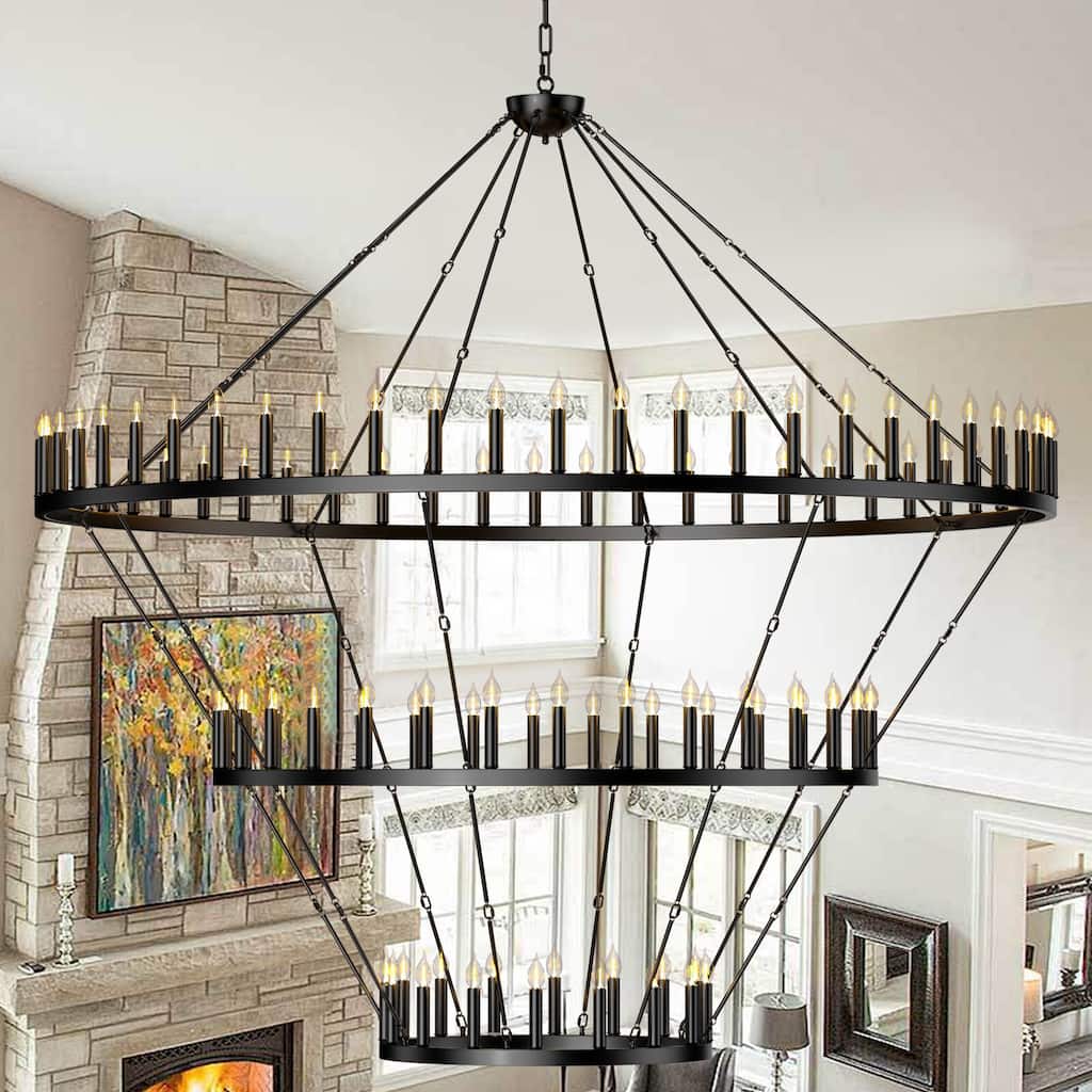 Extra Large Wagon Wheel Chandelier Adjustable Farmhouse Pendant Light for High Ceilings, Rustic Dining Room & Entryway