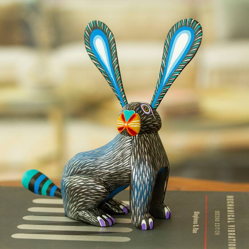 Novica Handmade Fluffy Midnight Ears Wood Alebrije Figurine