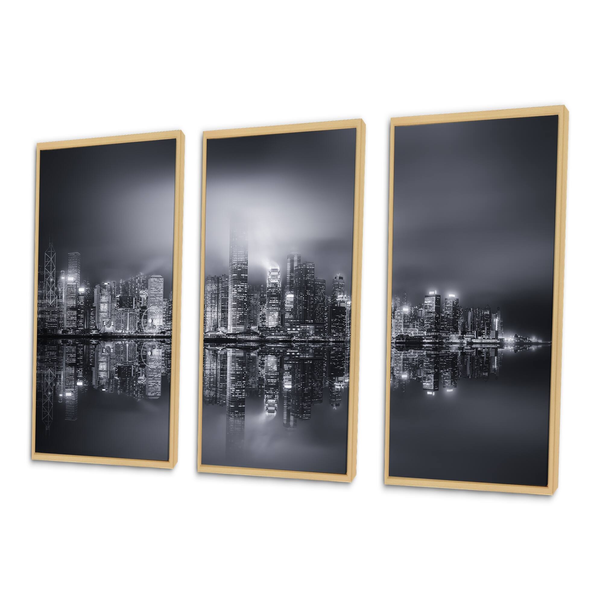 Designart "Hong Kong Black and White Panorama" Cityscape Framed Canvas