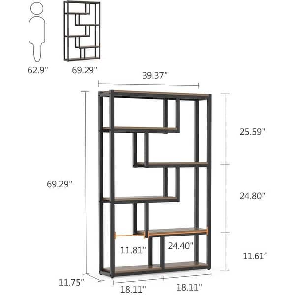 dimension image slide 0 of 2, 6-Tier Etagere Bookcase, Modern Industrial Staggered Bookshelf