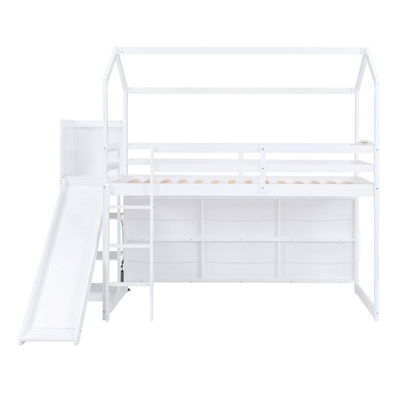 Wood House Loft Bed with Slide,Storage Shelves,Climbing Ramp and Light