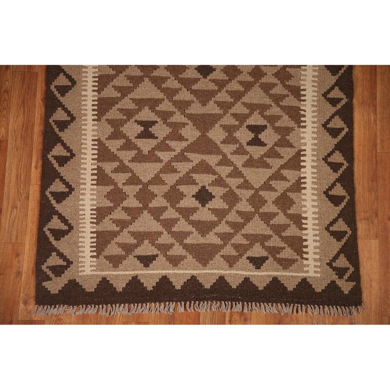 Brown Kilim Oriental Area Rug Hand-woven Wool Foyer Carpet - 3'5" x 5'0"