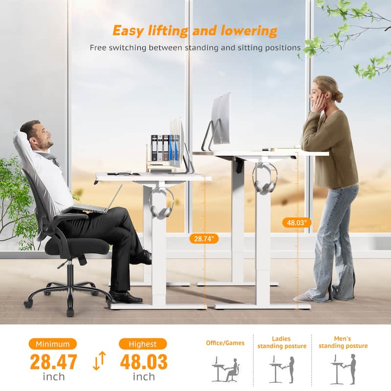 Electric Standing Desk - Adjustable Height Computer Workstation with Memory Settings for Home Office, Gaming & Study